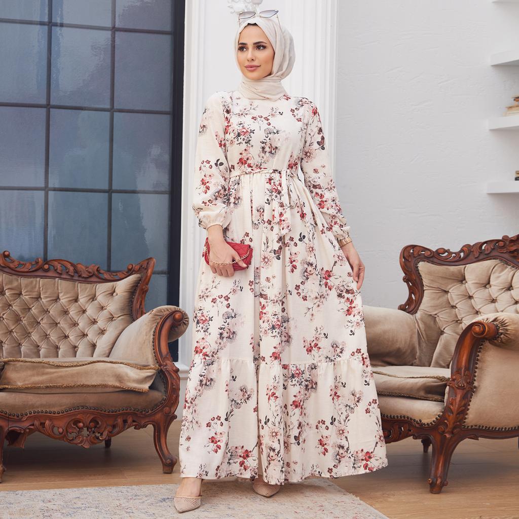 Женское льняное платье с цветочным узором, летнее исламское мусульманское платье с длинным рукавом и поясом, Абая, новый сезон, на подкладке, сделано в Турции