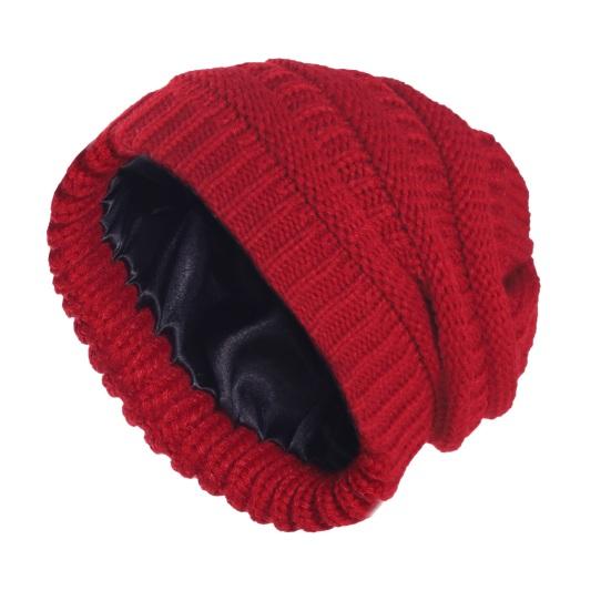 Yousheng Women Knitting Hat Solid Color Ear Protection Thickened Warm Satin Lining Pile Hat Winter Outdoor Riding Headgear