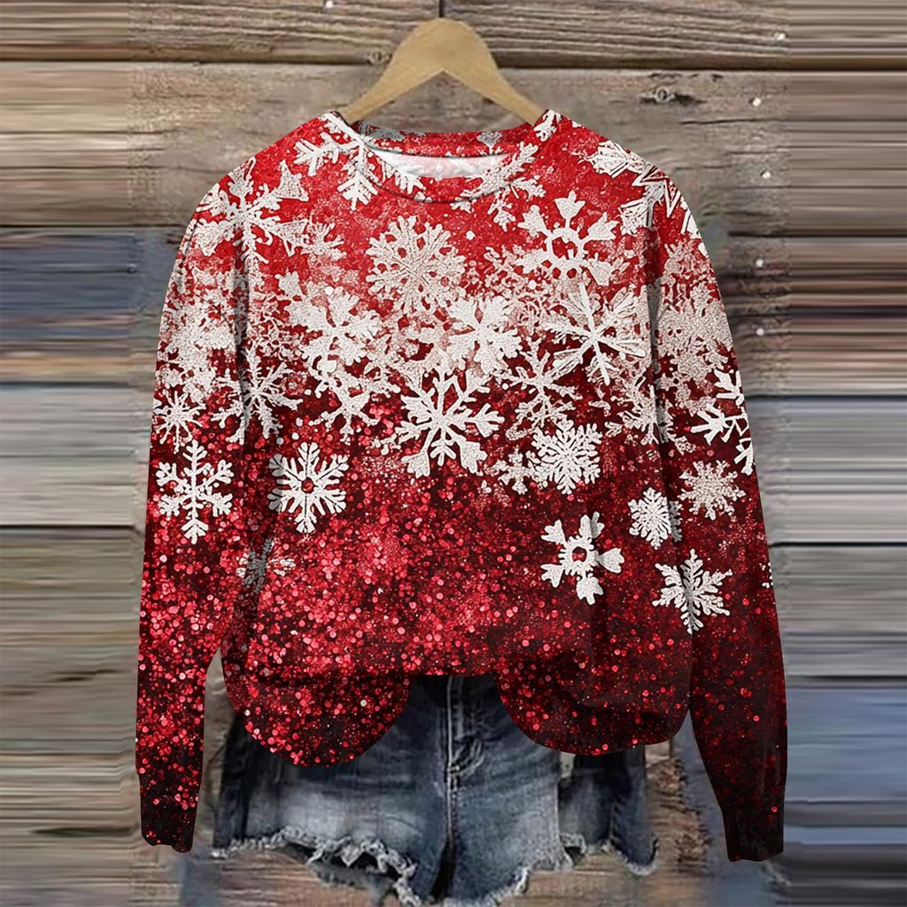 Женская мода круглый вырез пуловер длинный рукав футболка рождественский принт топ