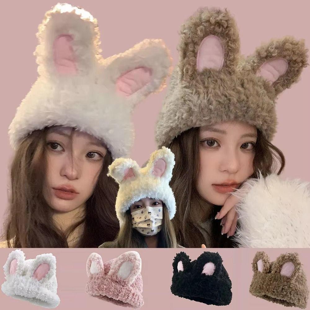 Elastic Rabbit Ear Beanies Solid Color Winter Outdoor Warm Cap Knitted Plush Hat Autumn Winter