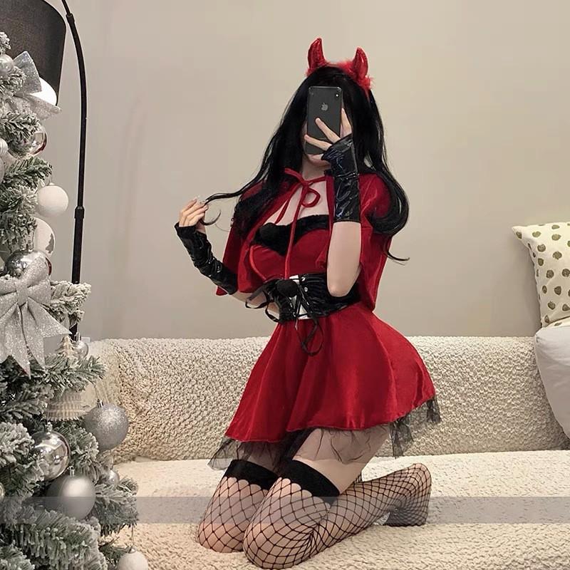 Sexy Christmas Devil Cosplay Costume Red Velvet Mini Dress Nightclub Party
