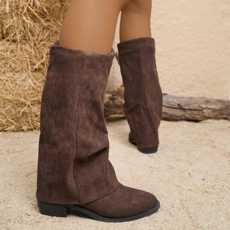 Трендовые женские сапоги «Челси» до колена, брендовые туфли на среднем каблуке, зимние новые туфли в готическом стиле в стиле мотоциклетной замши в стиле ретро, массивные ботинки Mujer