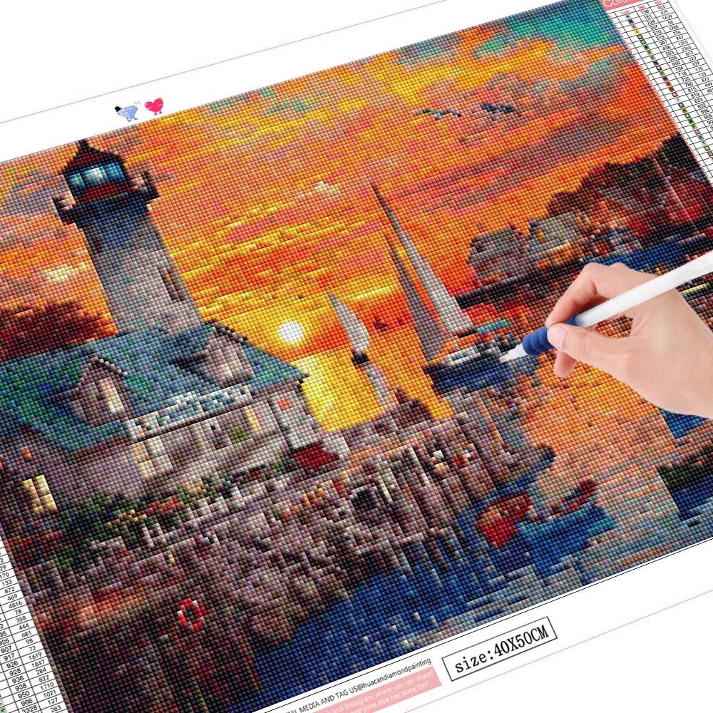 Алмазная картина Маяк Rhinestone Kit Полный квадратный круглый Алмазная вышивка Пейзаж Мозаика Закат Домашний декор