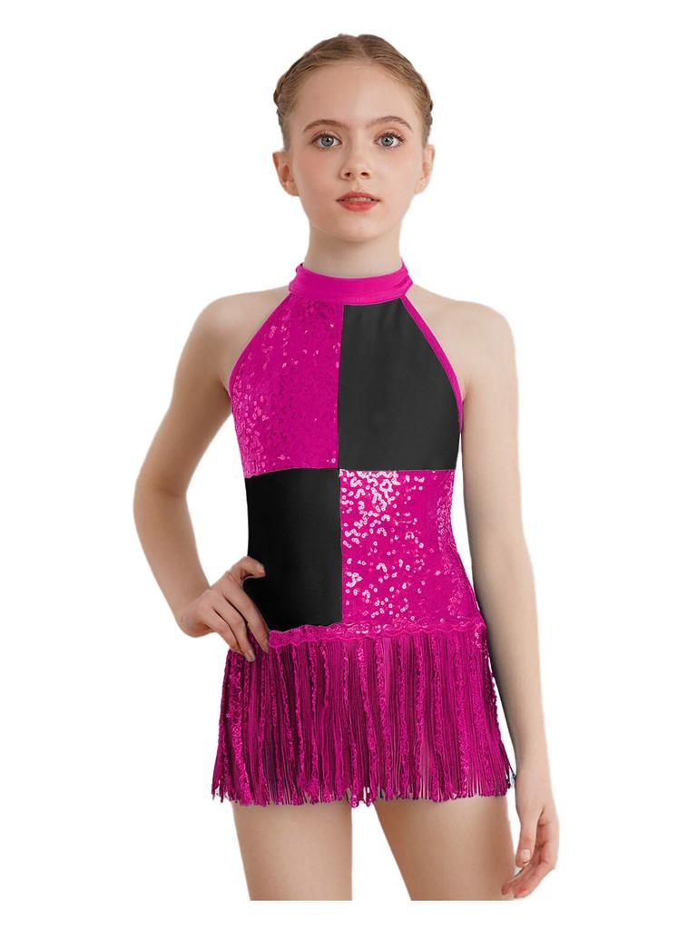Girls Color Block Latin Dance Leotard Shiny Sequins Tassel Halter Sleeveless Backless Bodysuit Performance Costume