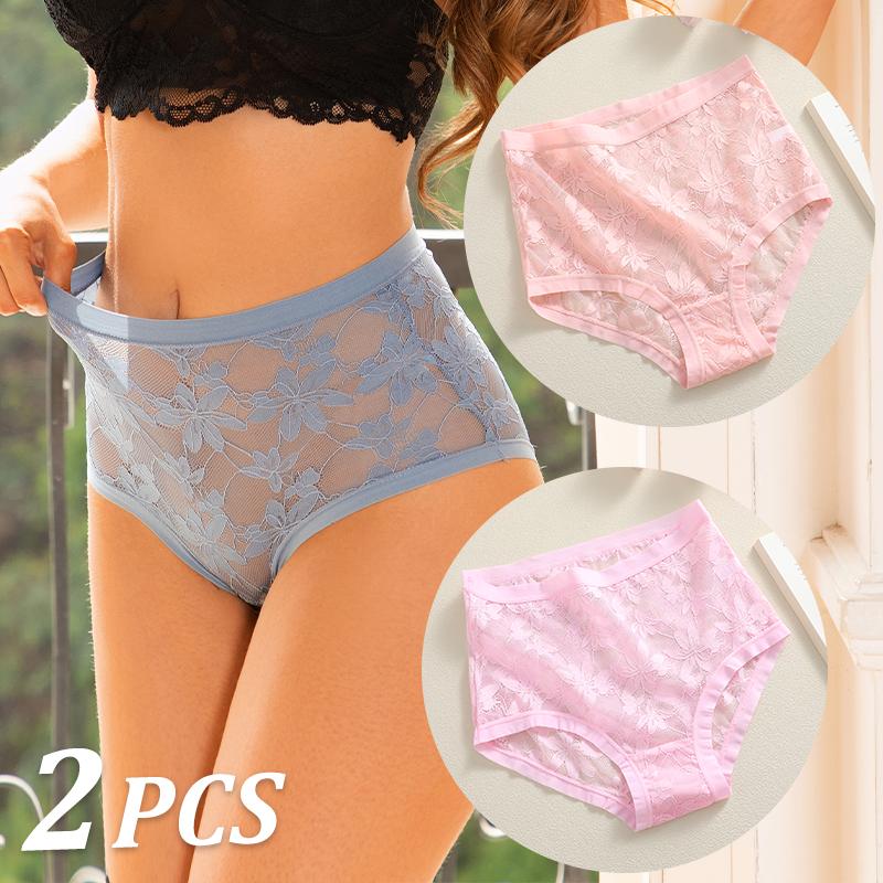 FINETOO 2Pcs Sexy Floral Lace Panties High Waist Lace Briefs Hollow Out See-Through Romantic Lingerie Fashionable Underpants Underwear