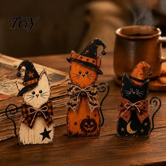 Retro Farmhouse Shelf Display Rustic Wooden Cat Ornament, Vintage Halloween/Flower Wood Tabletop Signs, Witch Hat Decor Distressed Animal Figurines