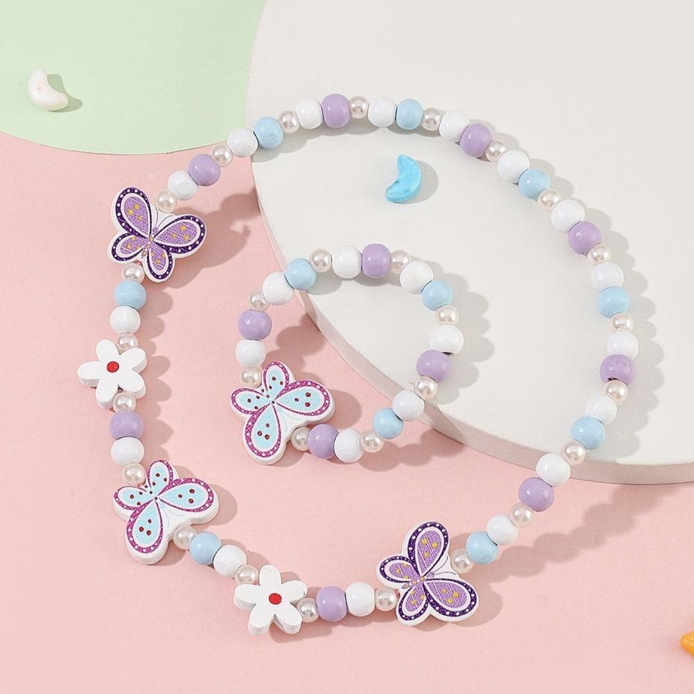 2pcs Cute Cartoon Wood Beads Necklace Animal Shape Children's Necklace Bracelet Jewelry Set