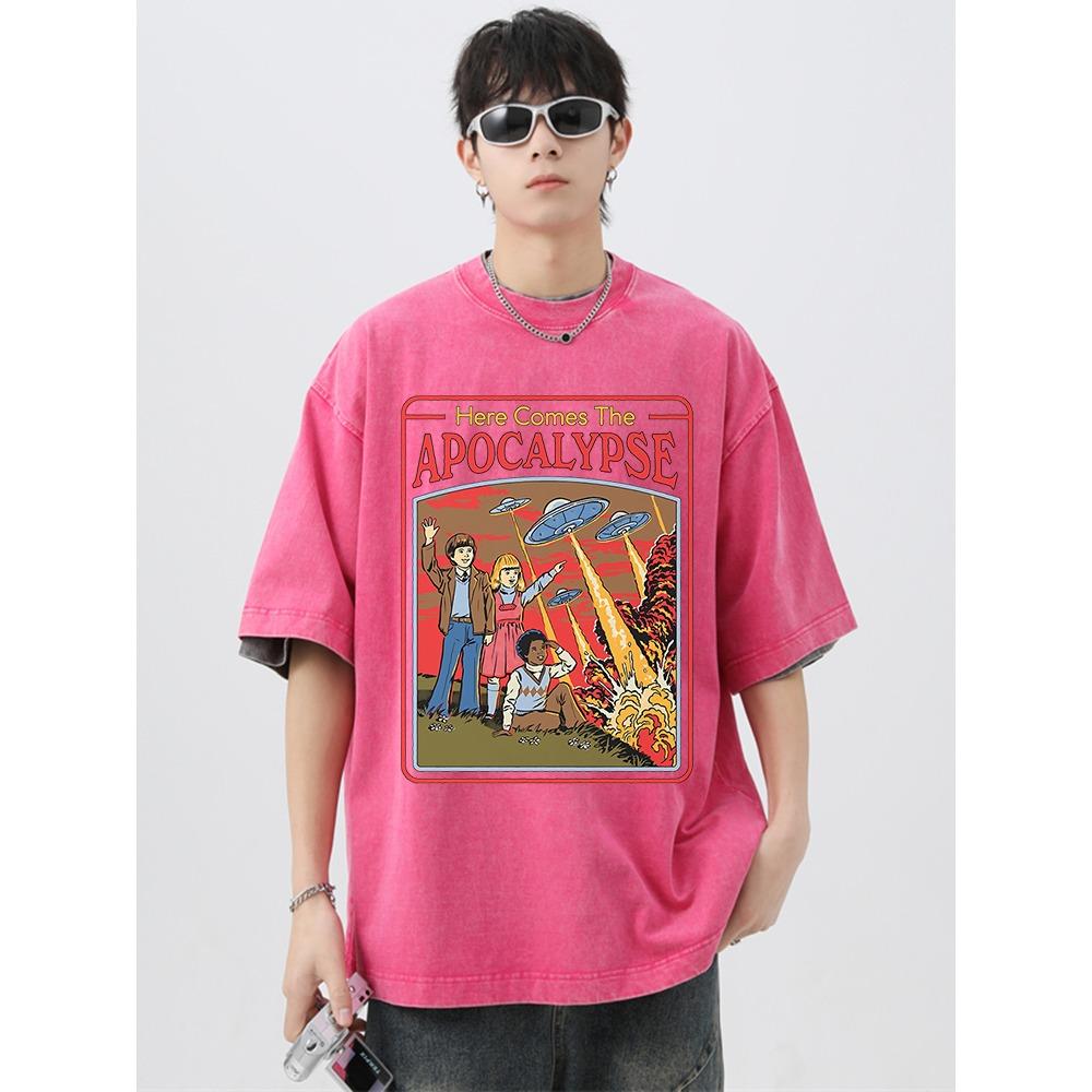 Here Comes The Apocalypse Ufo Washed Retro T-Shirt Мужская мода Хлопковая одежда Футболки Большие уличные повседневные топы