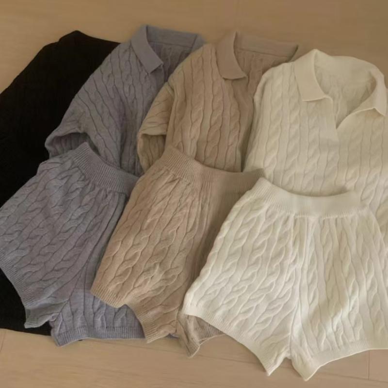 Зимний повседневный свободный спортивный костюм, свободный свитер, длинный рукав, трикотажный свитер, костюм с высокой талией, шорты, комплект из двух предметов, женская одежда