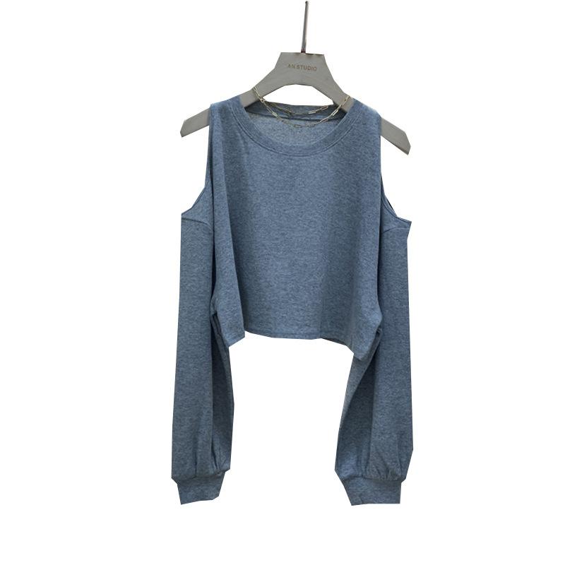 Футболка с открытыми плечами и круглым вырезом, с длинными рукавами для женщин на осень и зиму, свободная однотонная повседневная базовая рубашка, корейская женская одежда