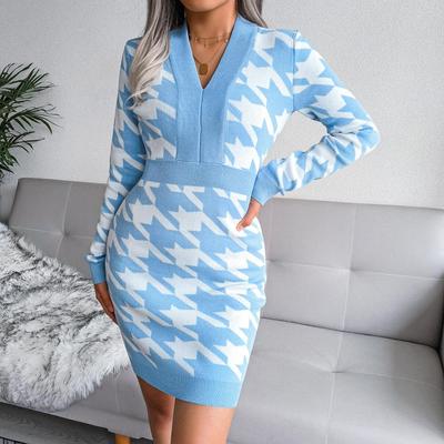 Женское осенне-зимнее вязаное платье с узором «гусиные лапки» с V-образным вырезом и длинными рукавами и высокой талией SL