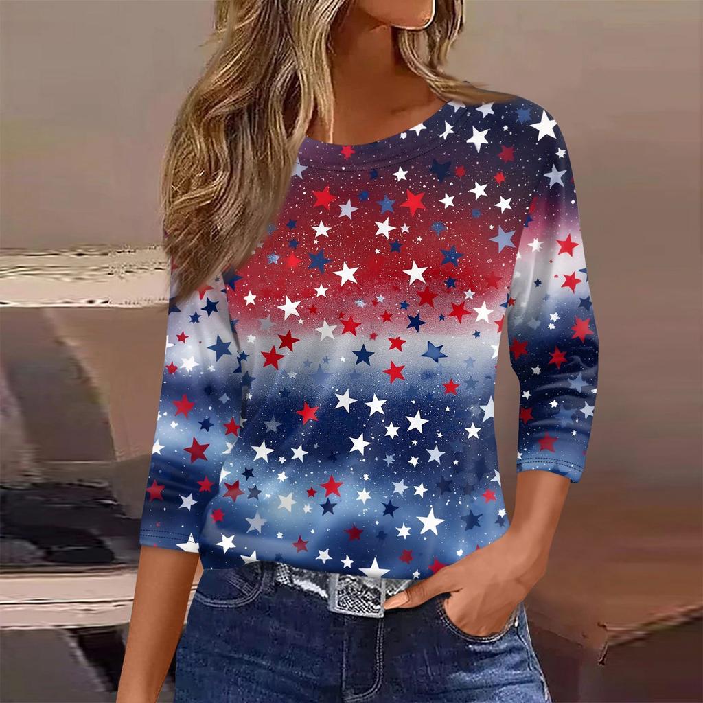 Women’s Long Sleeve Crewneck Top with Printed Star and Stripe Pattern Casual Loose Fit Pullover Shirt for Everyday Wear