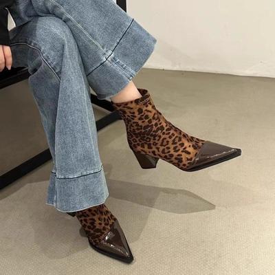 Обувь для женщин, женские сапоги с застежкой-молнией сзади, модные, с леопардовым принтом, для офиса и карьеры, сексуальные, с острым носком, ботильоны