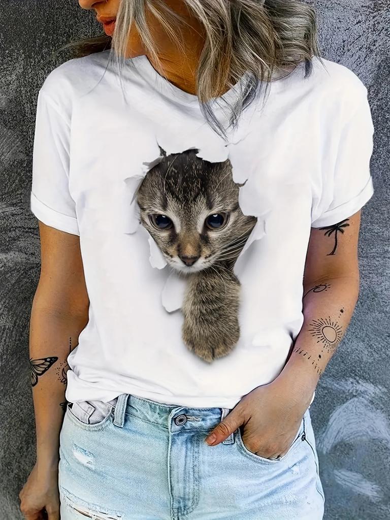 Casual Every Day Tops Women's Clothing Cute Cat Print T-Shirt Crew Neck Short Sleeve T-Shirt