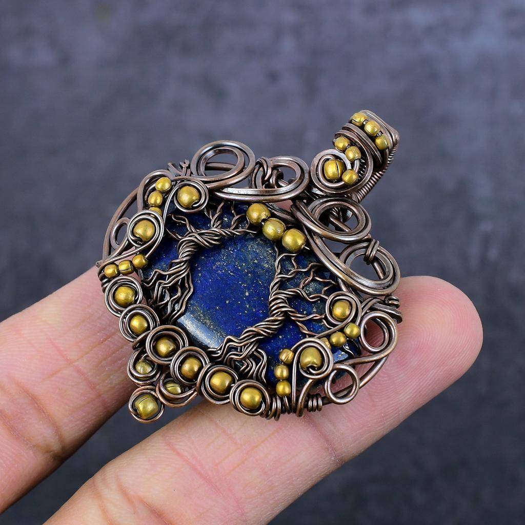 Подвеска "Древо жизни" из натуральной лазурита ручной работы из медной проволоки 2,2 дюйма H7b94