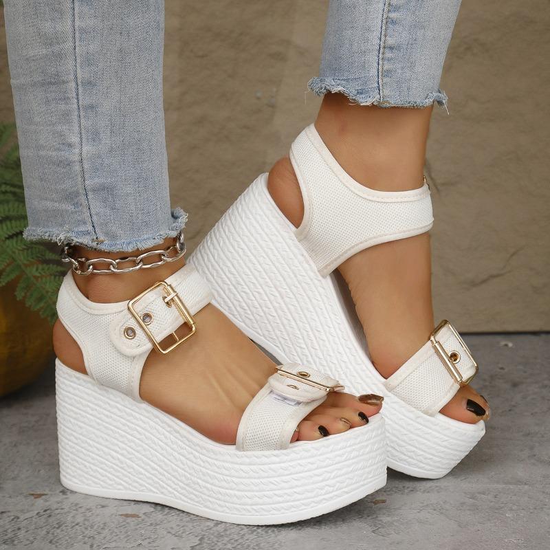 Toe Straw Woven Womens Peep Sandals Designed With Wedge Heel And Thick Platform Sole For Casual Daily Outdoor Wear