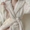 Women's Solid Color Jacquard Flannel Nightdress and Bathrobe - Thick Coral Fleece Lace-Up Pajamas for Autumn and Winter