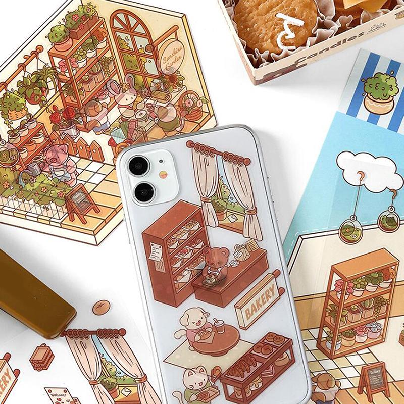 1 лист 3D Пейзаж Хижина Сумка Наклейки Наклейка для питомца Милый мультфильм Карманный DIY Сцена Ландшафтный Декор Наклейка