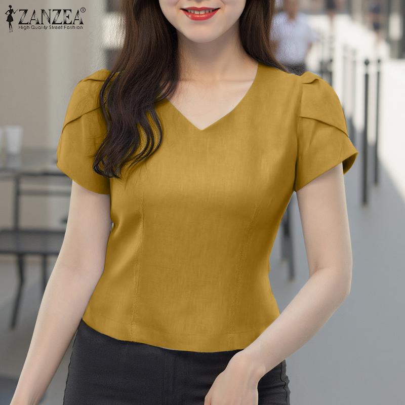 ZANZEA Женская повседневная летняя блузка с коротким рукавом и V-образным вырезом