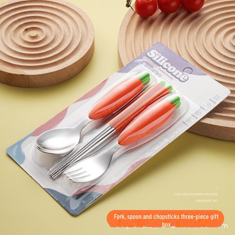Набор детской столовой посуды из силикона и нержавеющей стали 304 с морковной тематикой: Ложка, вилка и палочки для детского питания