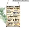2D Flat, 1pc Fish Knowledge Vintage Aluminum Sign FreshWater Game Fish Wall Art Sign Funny Fishing Metal Decor Gifts Plaque for Man Cave Home Wall