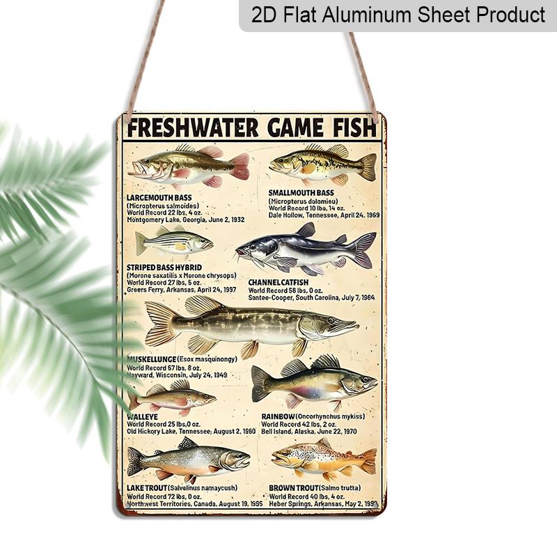 2D Flat, 1pc Fish Knowledge Vintage Aluminum Sign FreshWater Game Fish Wall Art Sign Funny Fishing Metal Decor Gifts Plaque for Man Cave Home Wall