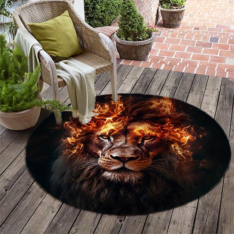 Flame Lion Round Rug Floor Mat Doorway Rug With Nonslip Backing Outdoor Patio Camping Rug Floor Mat Living Room Bedroom Decoration