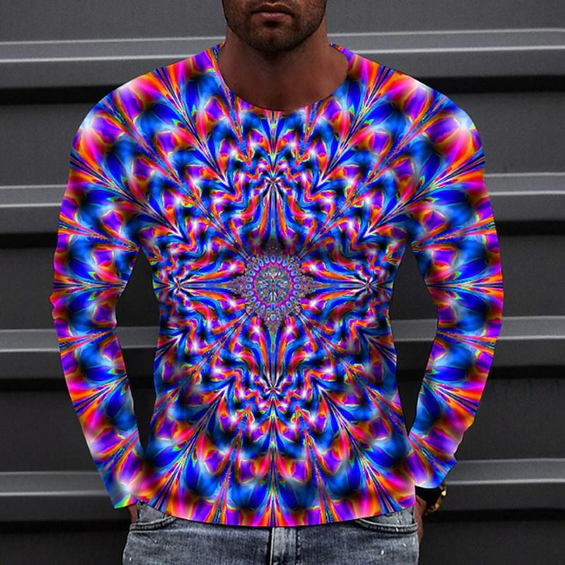 Spring and Autumn Round Neck 3D Colorful Geometric Pattern Printed Top Fashionable Casual Optical Illusion Long Sleeved Men's T-shirts