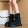 Fashion Thick Bottom Women Pipe Short Boots Punk Style Belt Buckle Slip On Shoes Autumn Winter Women's Motorcycle Booties