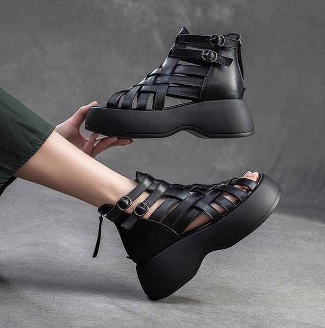 Fashion High Quality 6CM Weave Genuine Leather Fashion Ankle Booties Peep Toe Summer Sandals Mary Jane Platform Wedge ZIP Women Shoes