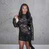 Sexy Lace Long Sleeve Dress Slim Fit High Neck See Through Bodycon Mini Women