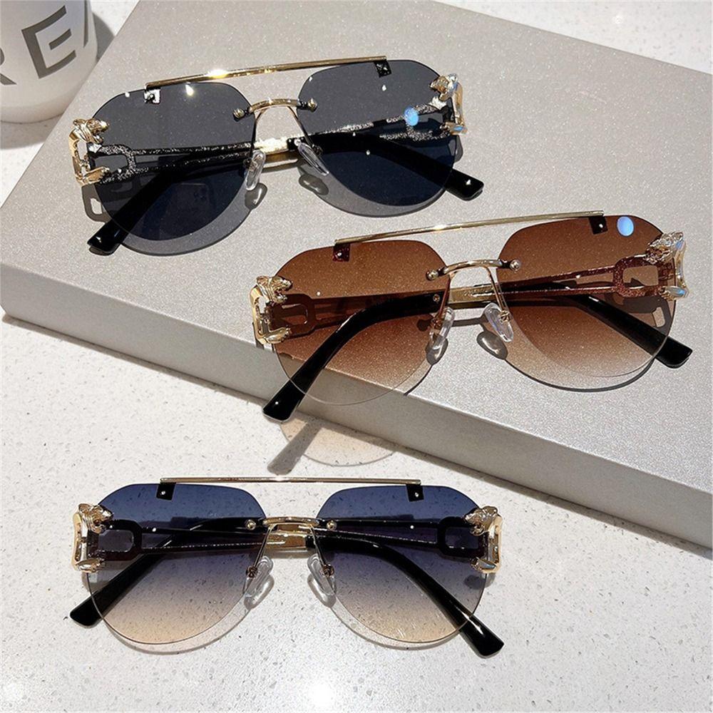 Fashion Rimless Cheetah Decor Sunglasses Gradient Uv400 Double Bridge Sun Glasses Eyewear For Women & Men
