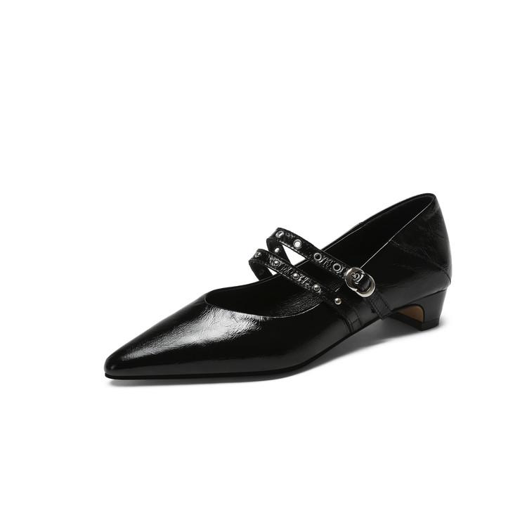 Fashion New Spring/summer Mary Jane Shoes Genuine Leather Shoes for Women Fashion Rivet Low Heels Pointed Toe Women Pumps Chunky Heels