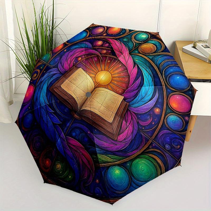 Colorful Mandala Art: Open Book with Feathers and SwirlsUmbrella, Portable 3-Fold Compact Umbrella for Men & Women Gift