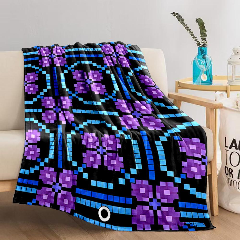 Pixel Art Style blanket with Purple and Blue Geometric Floral Design blanket, suitable for use in the bedroom, living room, on the sofa