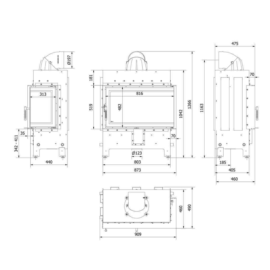 KRATKI LUCY Right Side Fireplace Insert 14 kW Ø200 BLACK Built In Installation Kit