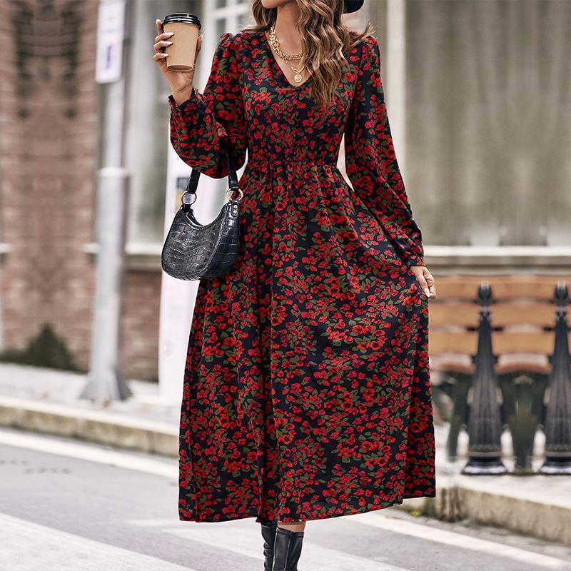 European & American Style Red Printed Long-Sleeve Dress - Women's Spring/Autumn Fashion