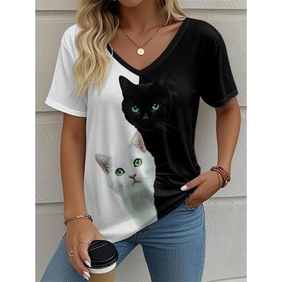 2025 Новая футболка с V-образным вырезом для женщин с кошкой, Летняя уличная мода, Топы с коротким рукавом, Принты с животными, Одежда для женщин размера оверсайз