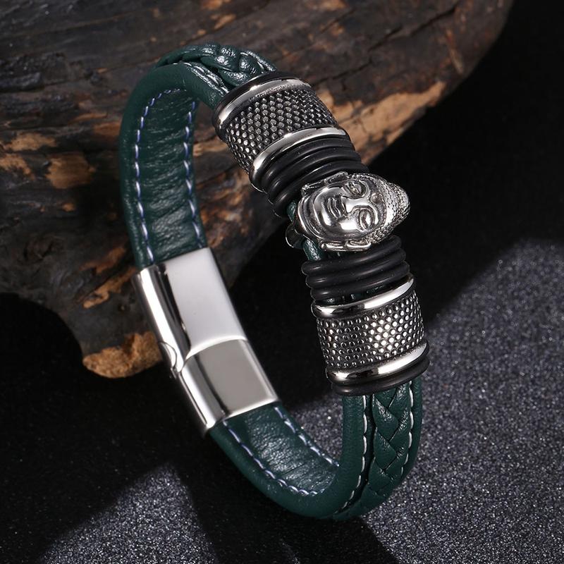 New Punk Men Jewelry Stainless Steel Buddha Head Bracelet Bangle Leather Bracelet Accessories