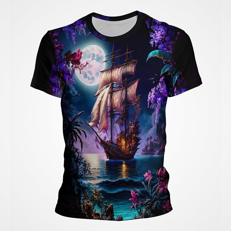 Sail Boat Pirate Ship Graphic T Shirts Men 3d Printing Short Sleeve Tee Tops Casual Mens Oversized Streetwear Tshirt Ropa Hombre