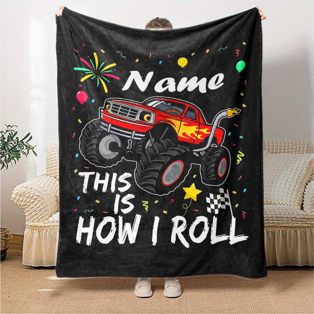 Custom Name Truck Theme Printed Blanket - Perfect for Couch, Bed, Travel & Outdoor Use | Machine Washable, Cozy & Durable.