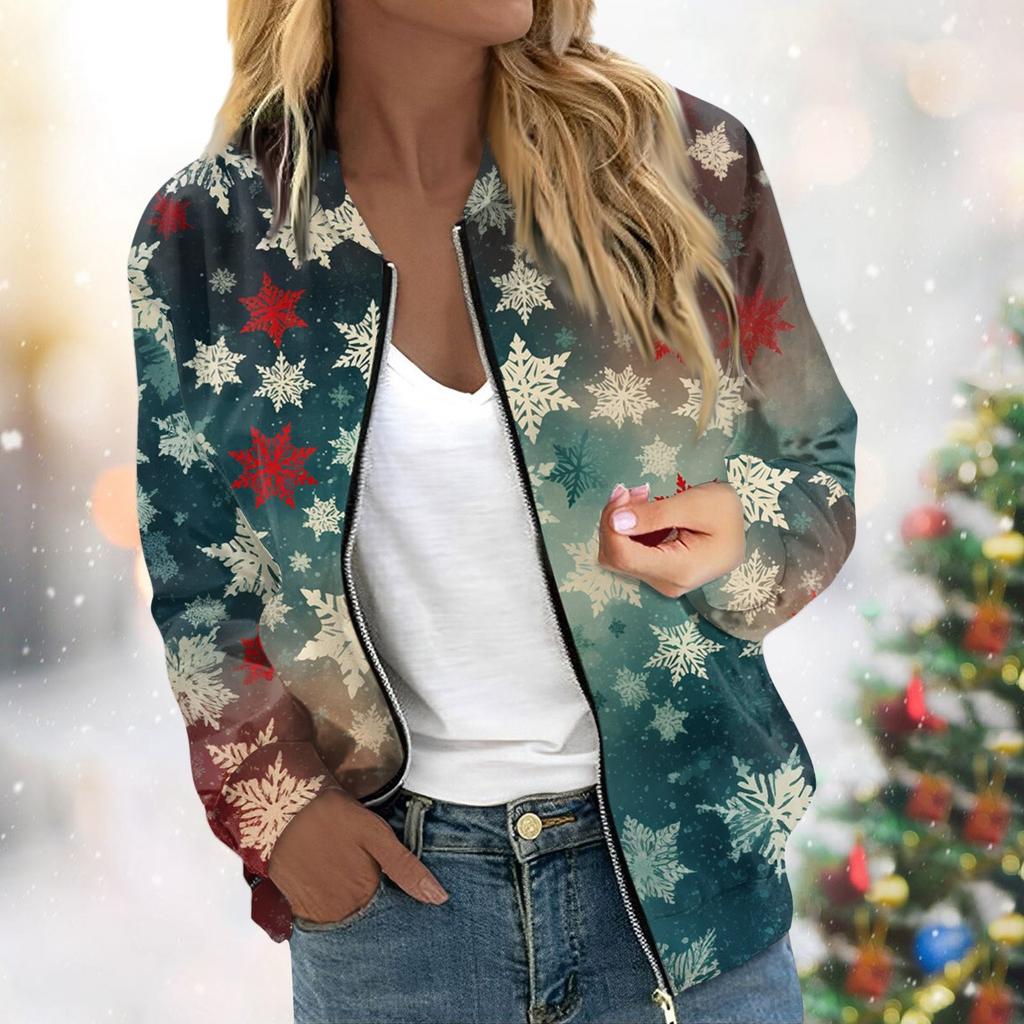 Женская легкая короткая куртка с длинными рукавами на молнии с принтом, повседневная стеганая куртка с карманами, рождественская