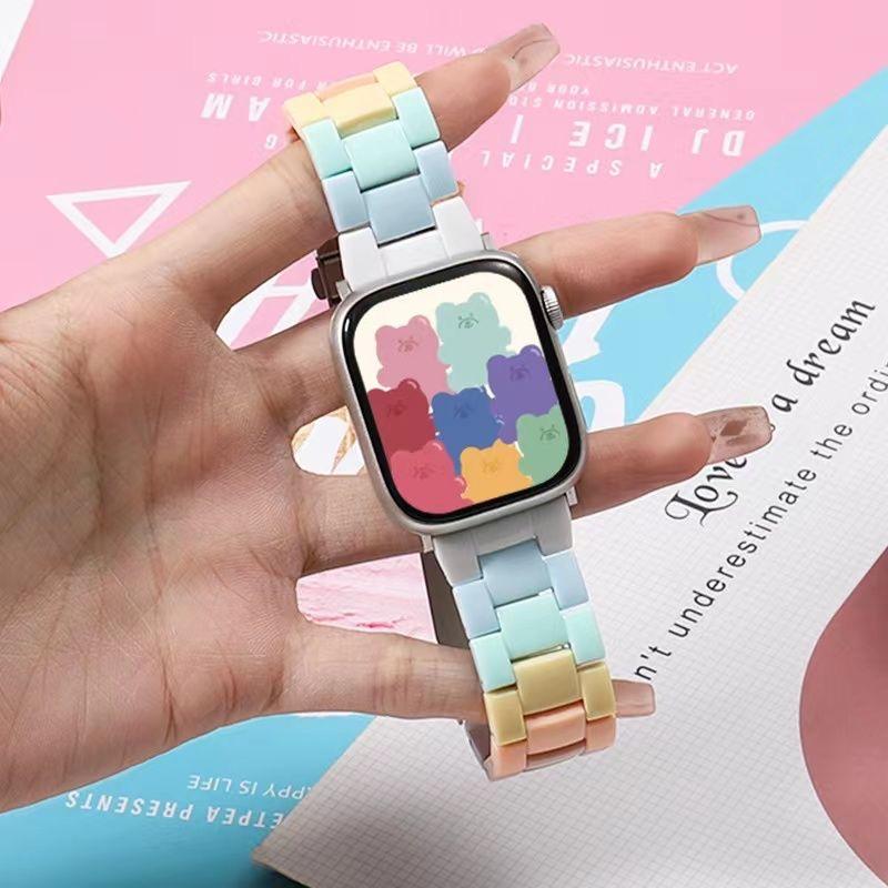 Ремешок для часов конфетных цветов для Apple Watch 49 мм 44 мм 40 мм 45/41 мм 42 мм 38 мм 44 мм 46 мм Радужный браслет из смолы iWatch 10/9/8/7/6/5 Series Ultra Ремешок