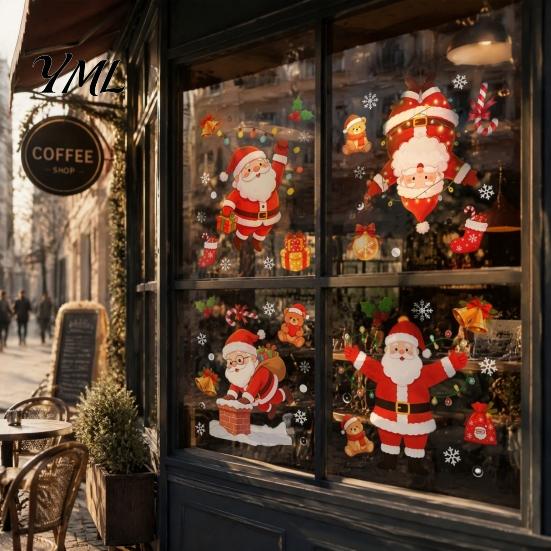 Waterproof PVC Stickers for Glass Doors Santa Claus Christmas Static Window Clings, with Snowflake Bear Party Decorations Store Bell Patterns,