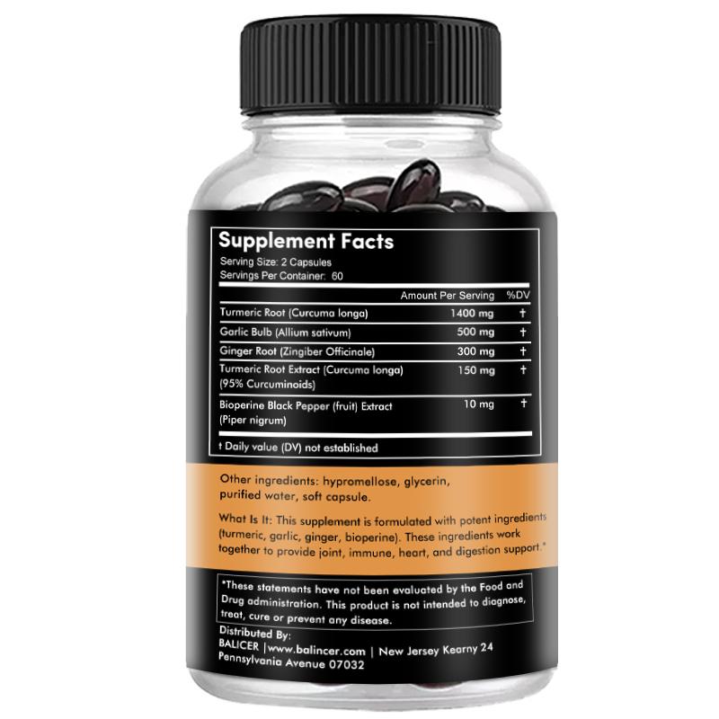 Balincer Turmeric Curcumin 2360mg Softgels, Garlic, Ginger, Bioperine, 120 Caps