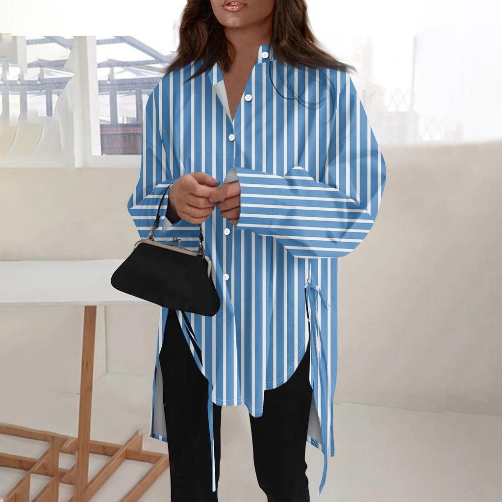 Модная повседневная однотонная рубашка с длинными рукавами и лацканами свободного типа для женщин