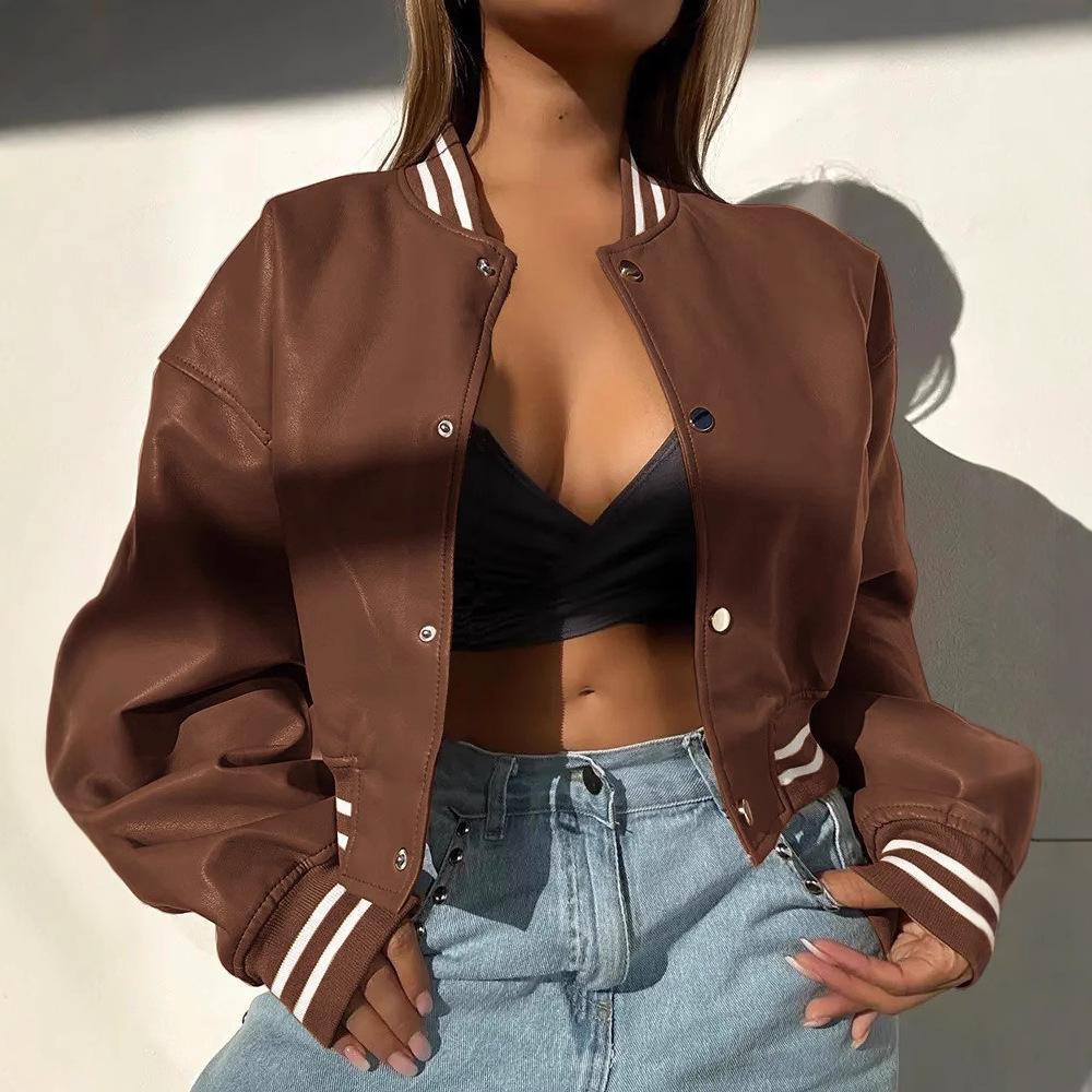 Европейская и американская женская мотоциклетная куртка из ПУ кожи на осень/зиму 2024 года с длинными рукавами.