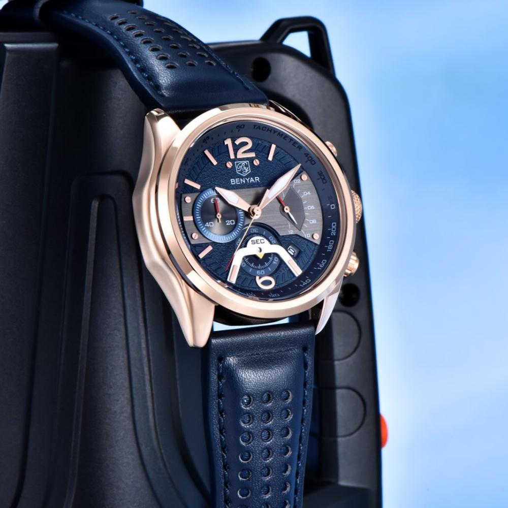 BENYAR 5171 Fashion Men's Quartz Watch Leather Strap Luminous Calendar Chronograph Sport Military Waterproof Wristwatch For Man