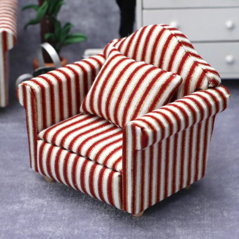 1:12 Dollhouse Miniature Living Room Sofa Set: Gold Trim & Red Stripe Sofa with Throw Pillows