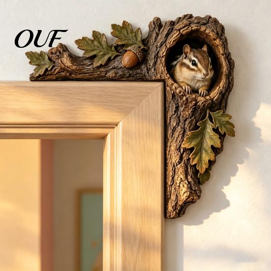 Rustic Cabin Decor Accessories Chipmunk Tree Door Topper, Squirrel Owl Wooden Frame Sign, Funny Whimsical Handcrafted Wall Art Animals Corner